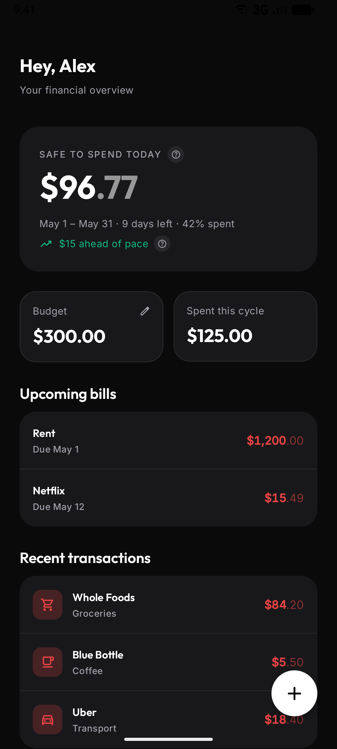 Ledger home screen showing how much is safe to spend today, the budget for the cycle, upcoming bills, and recent transactions.